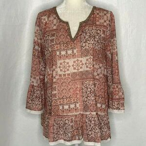 Hem Thread Floral Tunic Top L Mauve Bell Sleeve